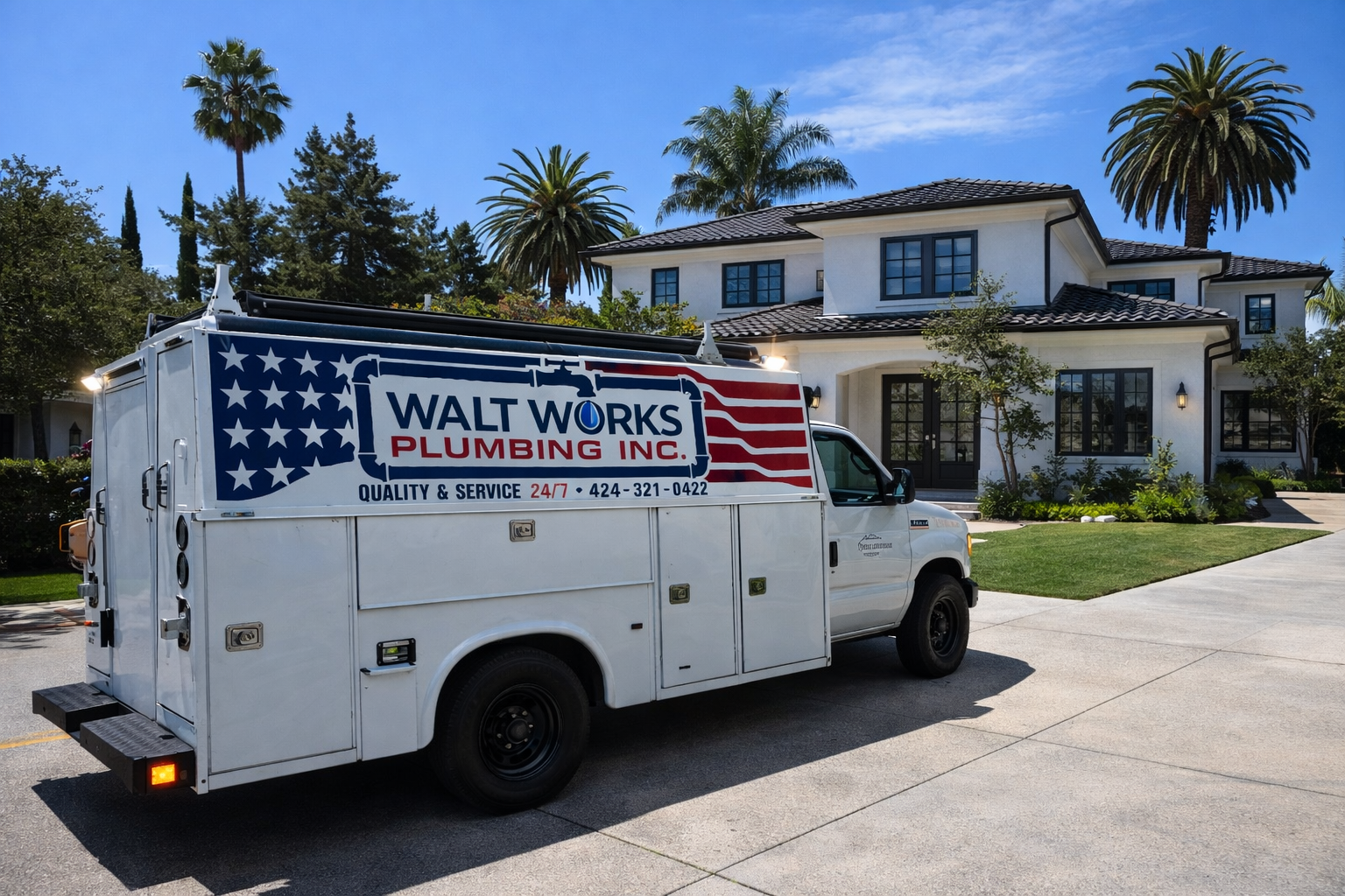 A white Walt Works Plumbing service truck parked in the driveway of a large, two-story white house on a sunny day.