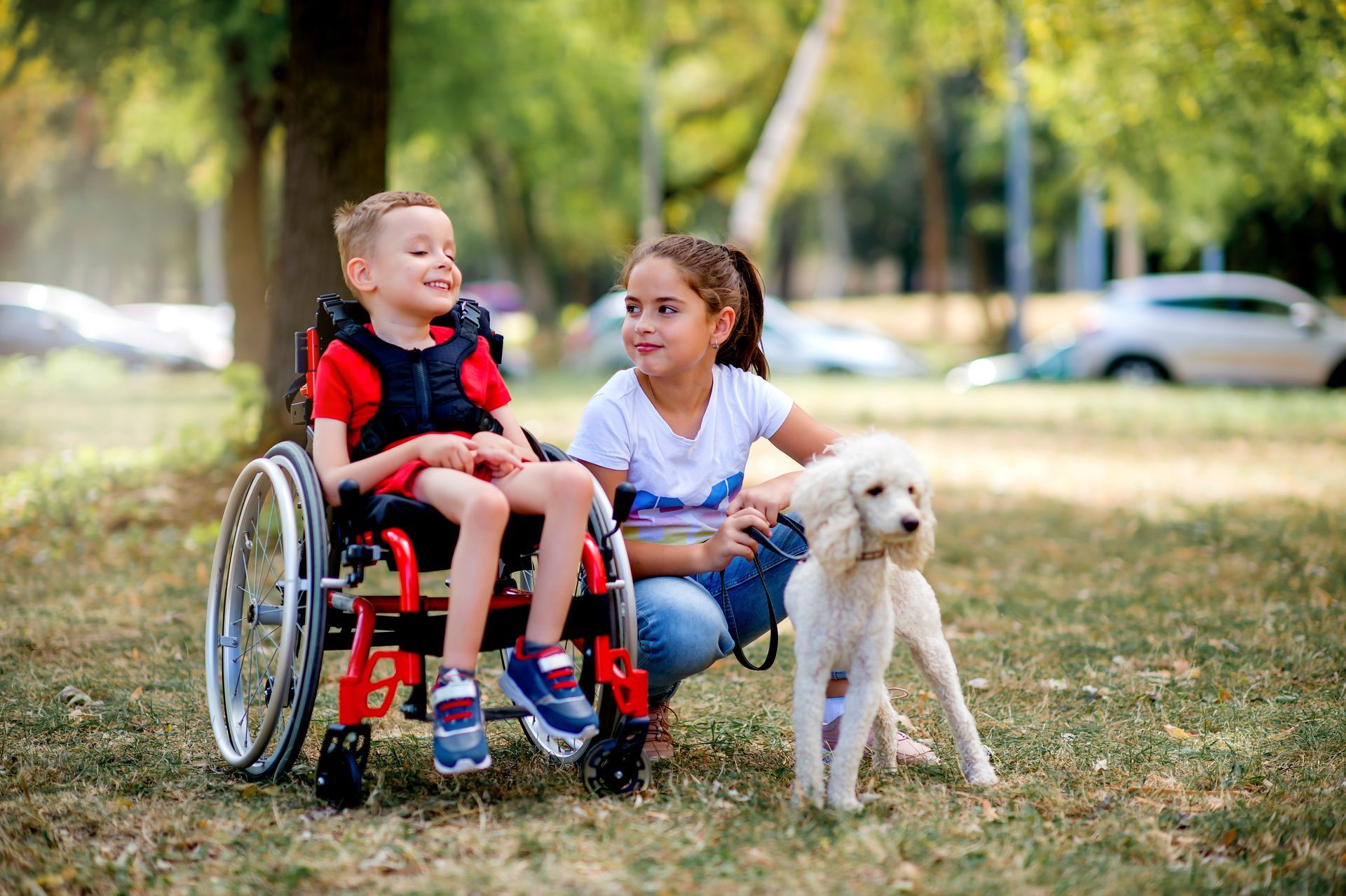 Boy in a wheelchair, girl with their dog