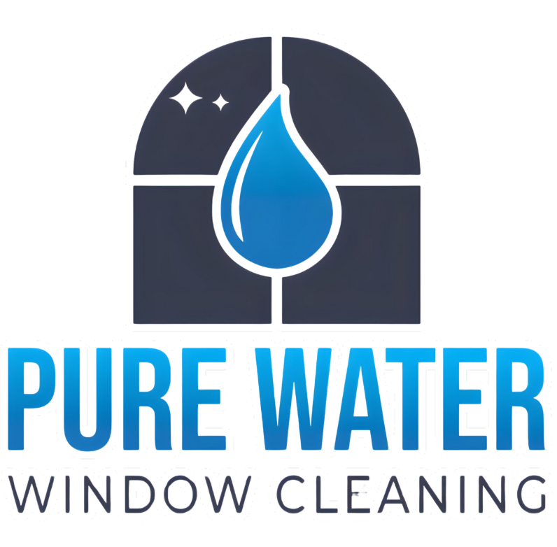 Blue water droplet inside a window frame with “Pure Water Window Cleaning” in blue text below.