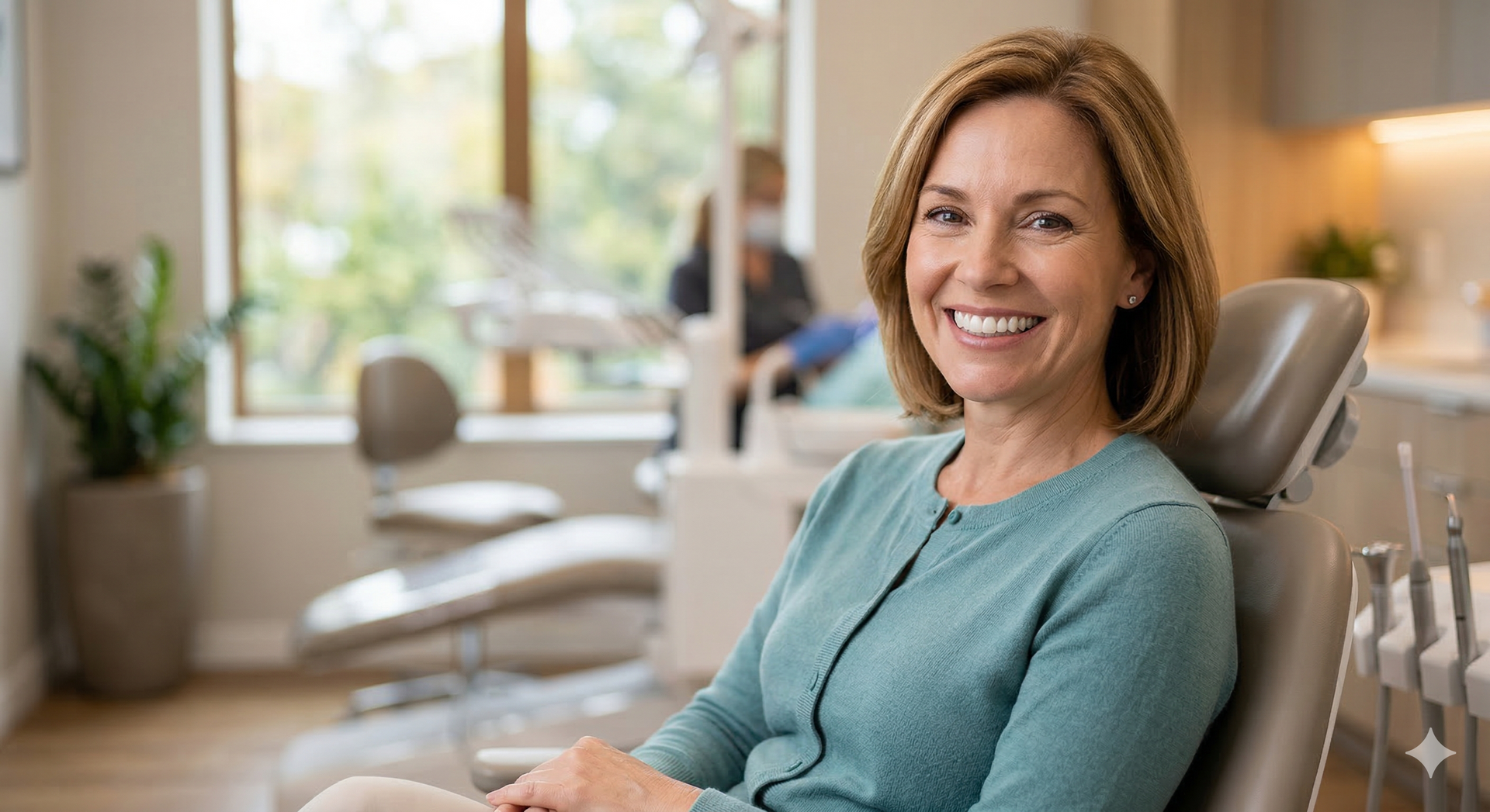 A smiling person in a teal cardigan sits in a dental chair within a bright, modern office.