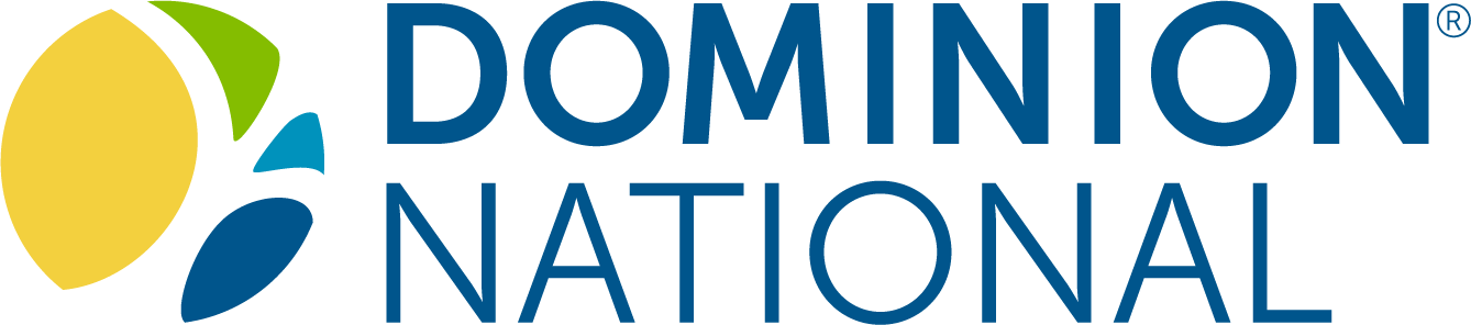 The logo for dominion national is blue and yellow