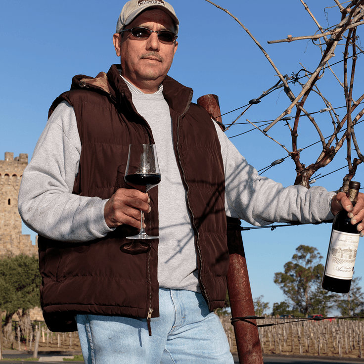 Man in brown vest holds wine glass and bottle in vineyard, castle in background.