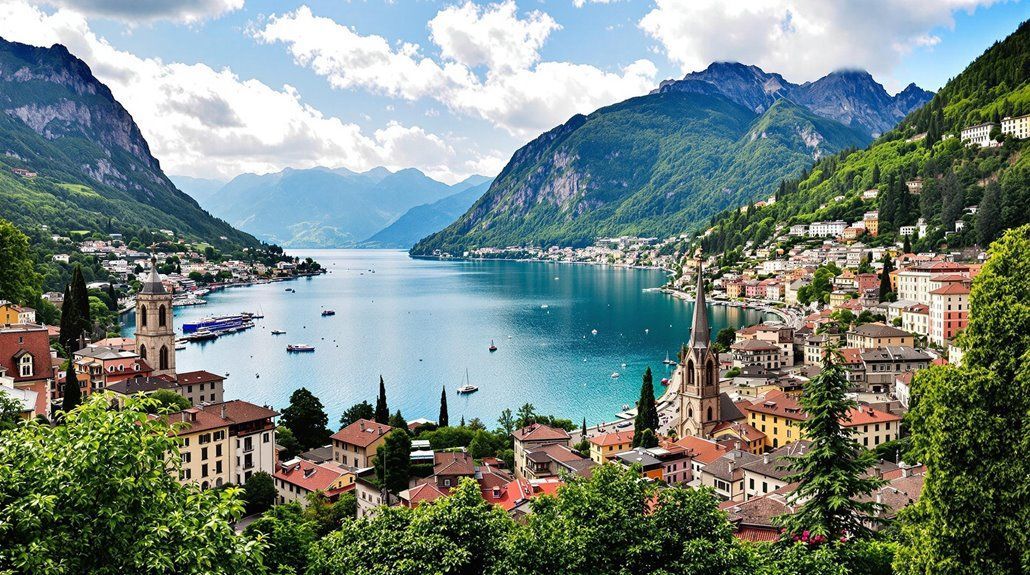 Orvieto Cathedral, Italy. Striking facade with intricate detail, striped side, overlooking rooftops, against a blue sky.