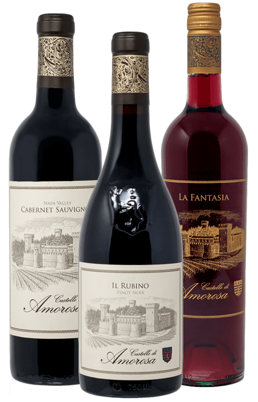 Three bottles of Castello Amorosa wine: Cabernet Sauvignon, Il Rigo, and La Fantasia.