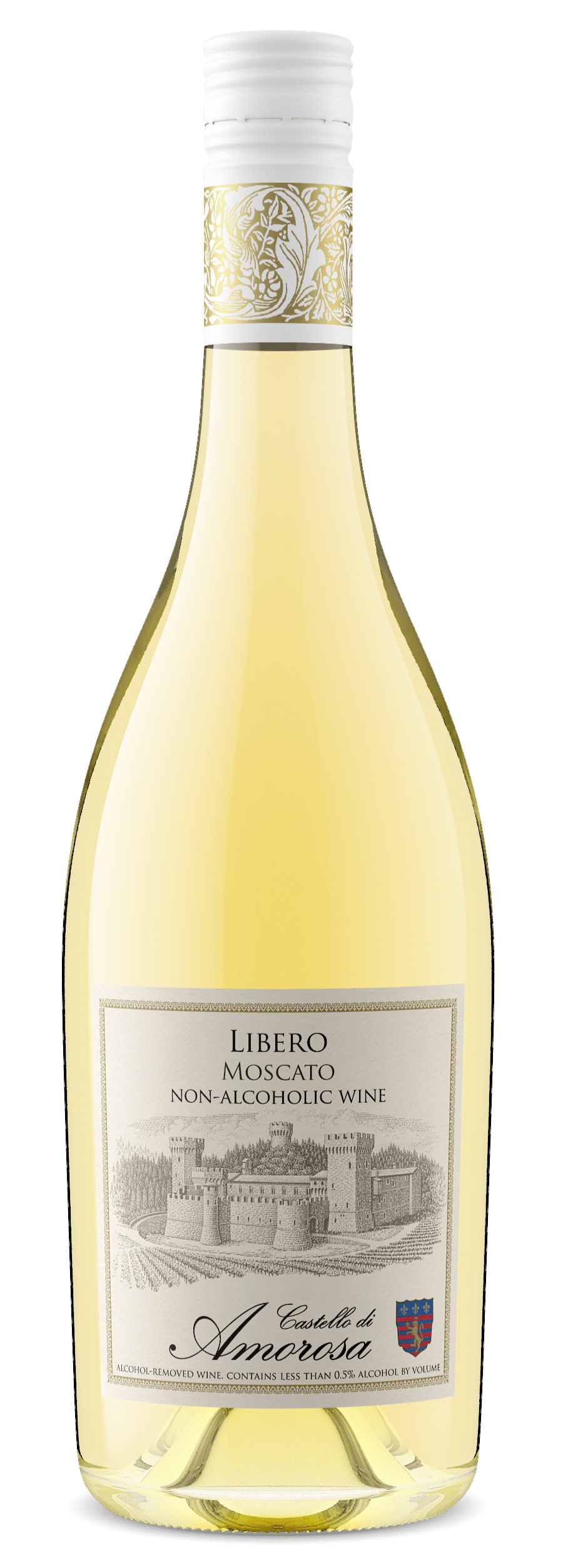 Bottle of white wine with label displaying a building illustration and text.
