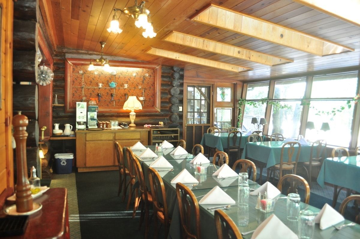 Interior dining room with wooden beams