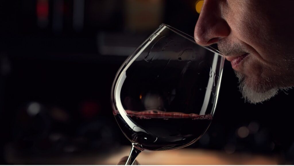 A close-up of a person smelling a glass of red wine in a dimly lit setting.