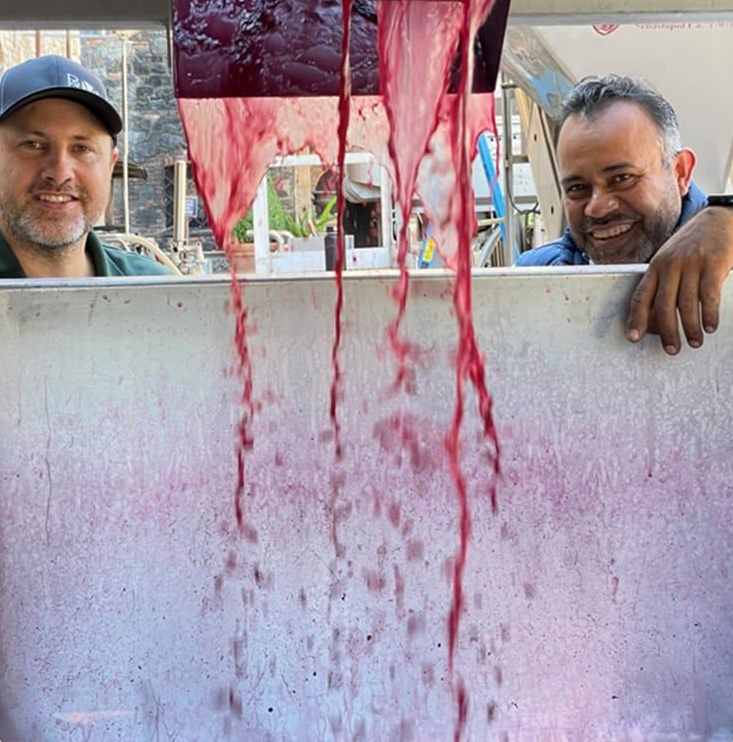 Two smiling people behind a large metal bin as red wine cascades from a machine into it.
