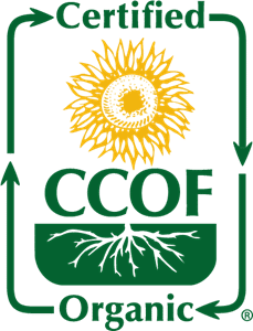 C.C.O.F. Certified Organic symbol: Sunflower and roots inside a green square with