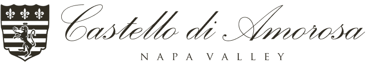 Logo for Castello di Amorosa winery, Napa Valley. Featuring a crest and elegant script text.