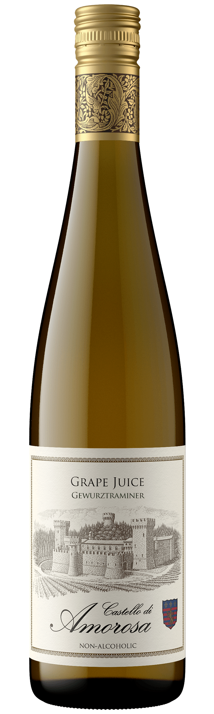 Wine bottle with gold top and label featuring an illustration of a building.