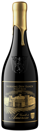 Black wine bottle with gold seal and label,