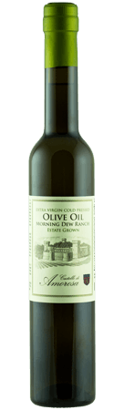 Bottle of olive oil with label.