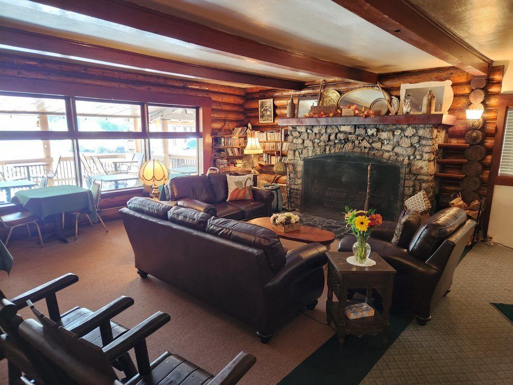 Cozy cabin interior with fireplace