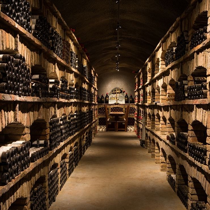 Wine cellar lined with brick shelves, filled with bottles. Dim lighting, arched ceiling.