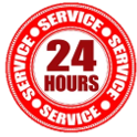 Red circle with white SERVICE text and 24 HOURS in the center.