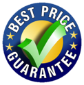 Blue circle with BEST PRICE GUARANTEE text, green checkmark, and gold stars.