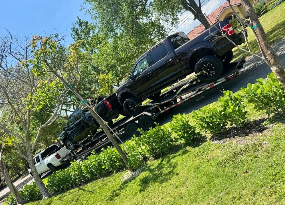 A dark-colored pickup truck is loaded onto a trailer parked on a grassy shoulder next to a road lined with trees.