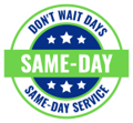 Green and blue circular badge with Same-Day Service and Don't Wait Days text.