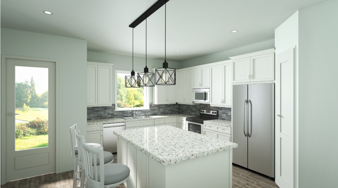 A kitchen with white cabinets, granite counter tops, stainless steel appliances and a large island.