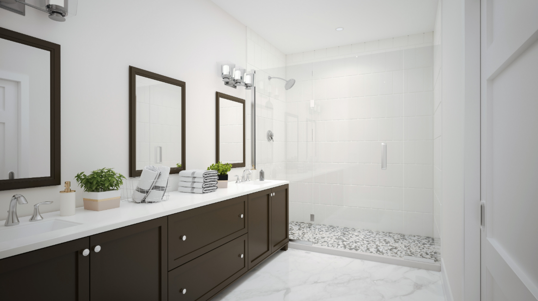 A bathroom with two sinks , two mirrors and a walk in shower — Naples, FL — Genuine Home Builders, Inc.