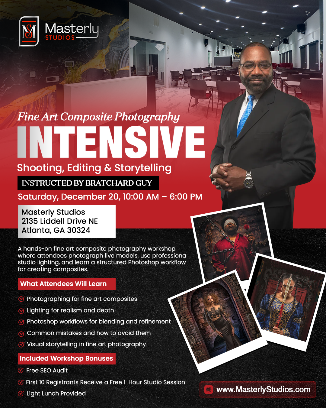 Poster for a photography workshop, featuring a man in a suit, sample photos, and event details.