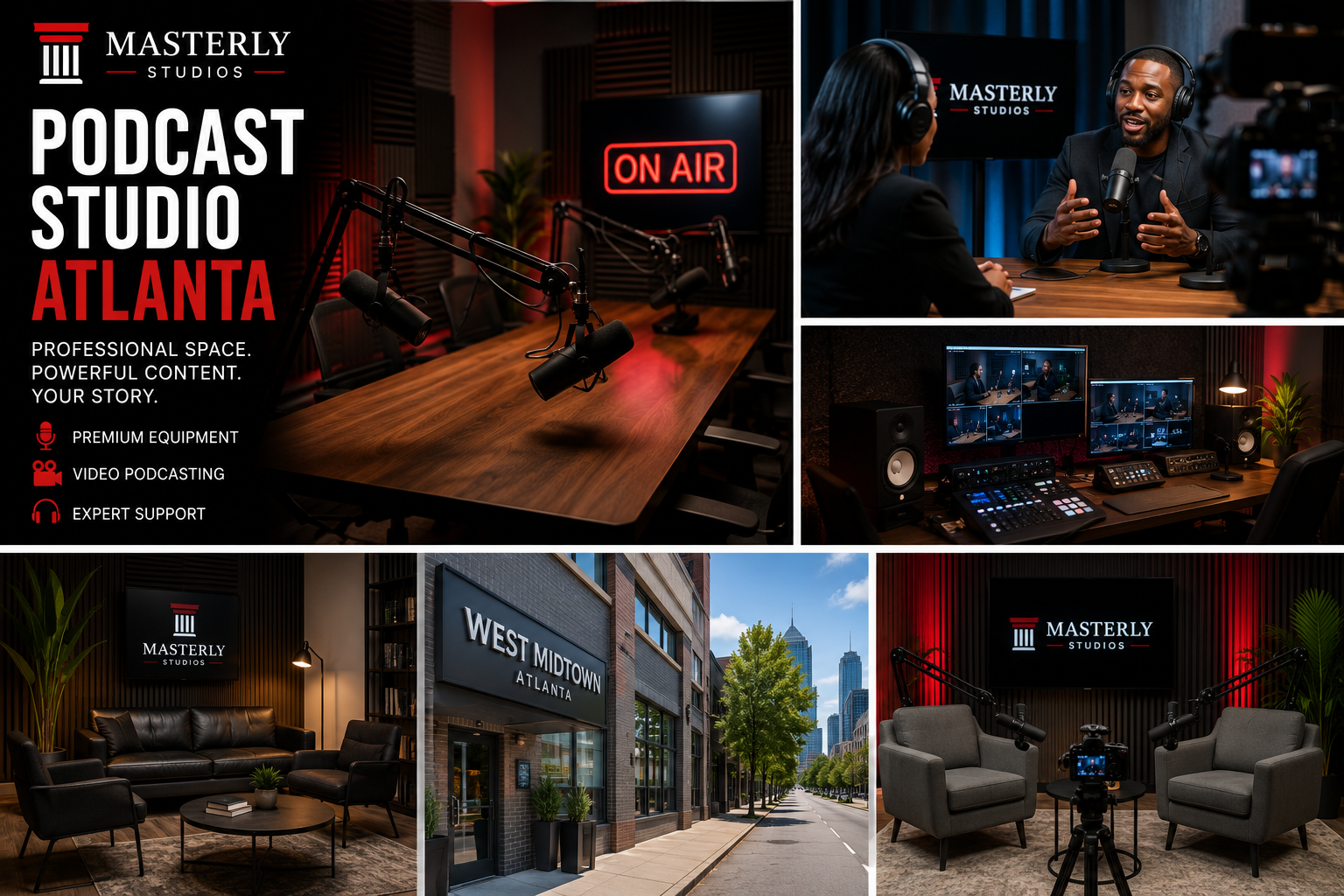 Branded Masterly Studios graphic featuring a professional podcast studio in Atlanta, video podcast recording, premium production equipment, podcast interview setup, editing suite, and modern studio environment.