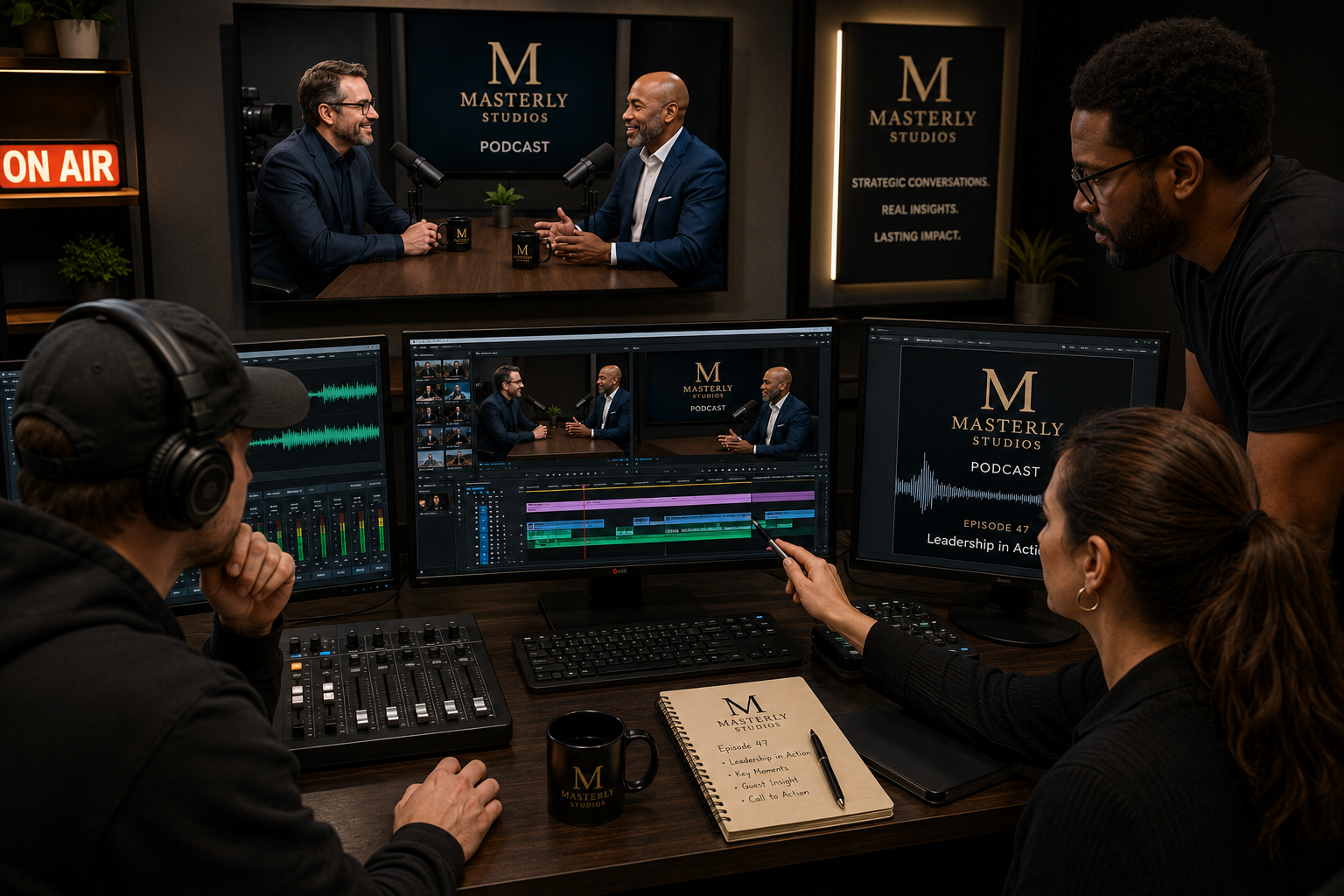 podcast production company recording a corporate podcast in a professional studio