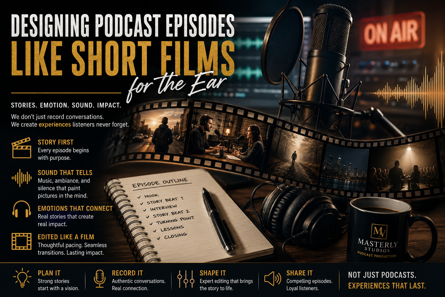 Professional podcast production studio featuring a broadcast microphone, audio mixer, headphones, and editing software, highlighting hands-on podcast workshops focused on achieving broadcast-quality sound.