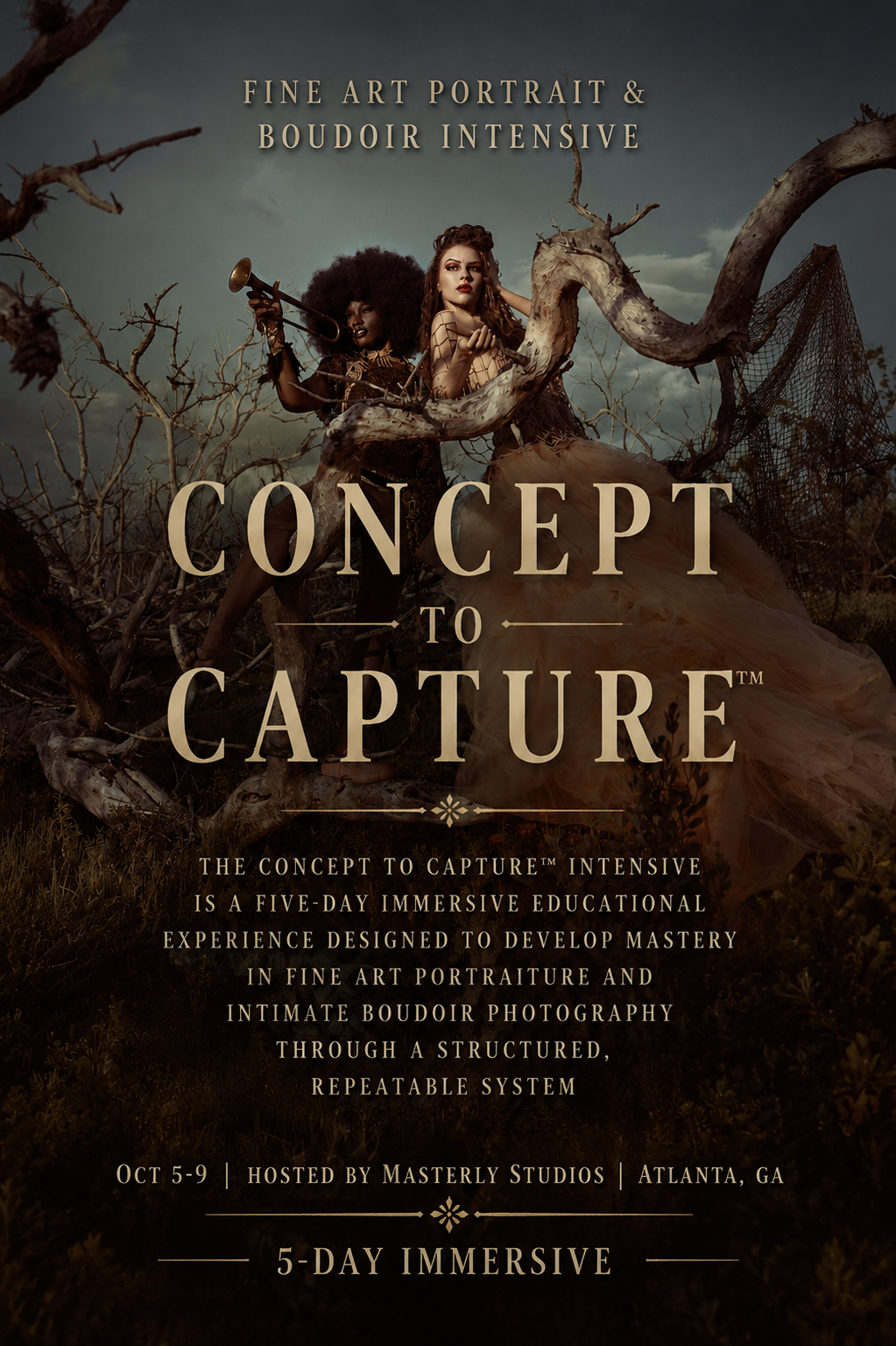 Dark fantasy workshop poster with figure amid roots and the title “Concept to Capture”