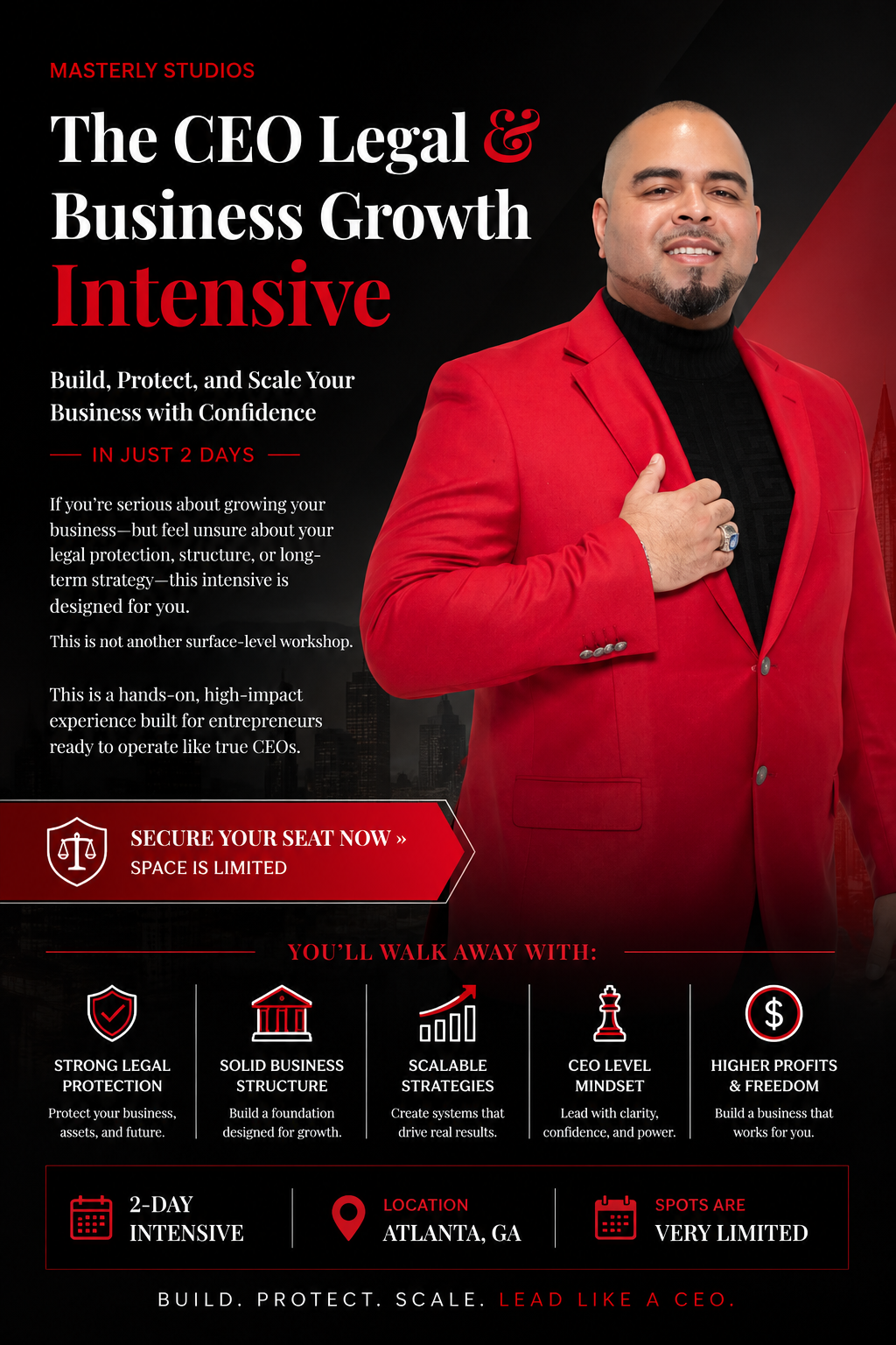 Promotional poster for “The CEO Legal & Business Growth Intensive” featuring a man in a red suit on a black background