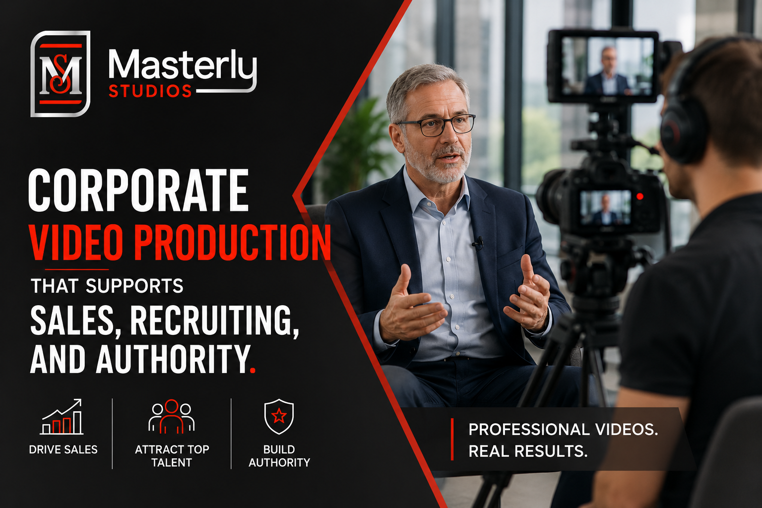 corporate video production team filming executive interview