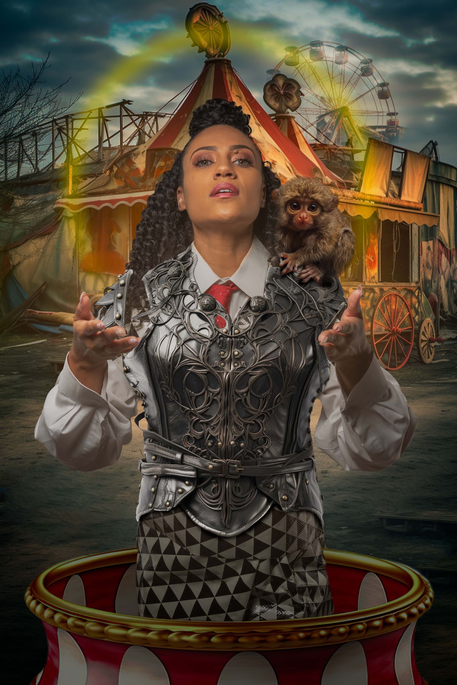 Woman in ornate armor juggling, small monkey on shoulder, circus background.