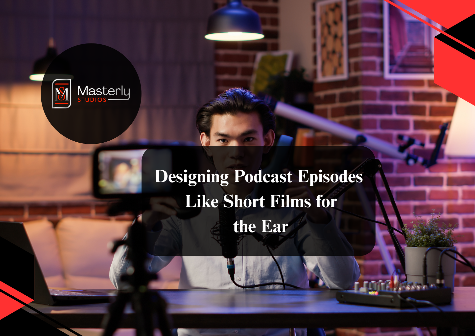 Podcast host recording a storytelling podcast in a professional studio.