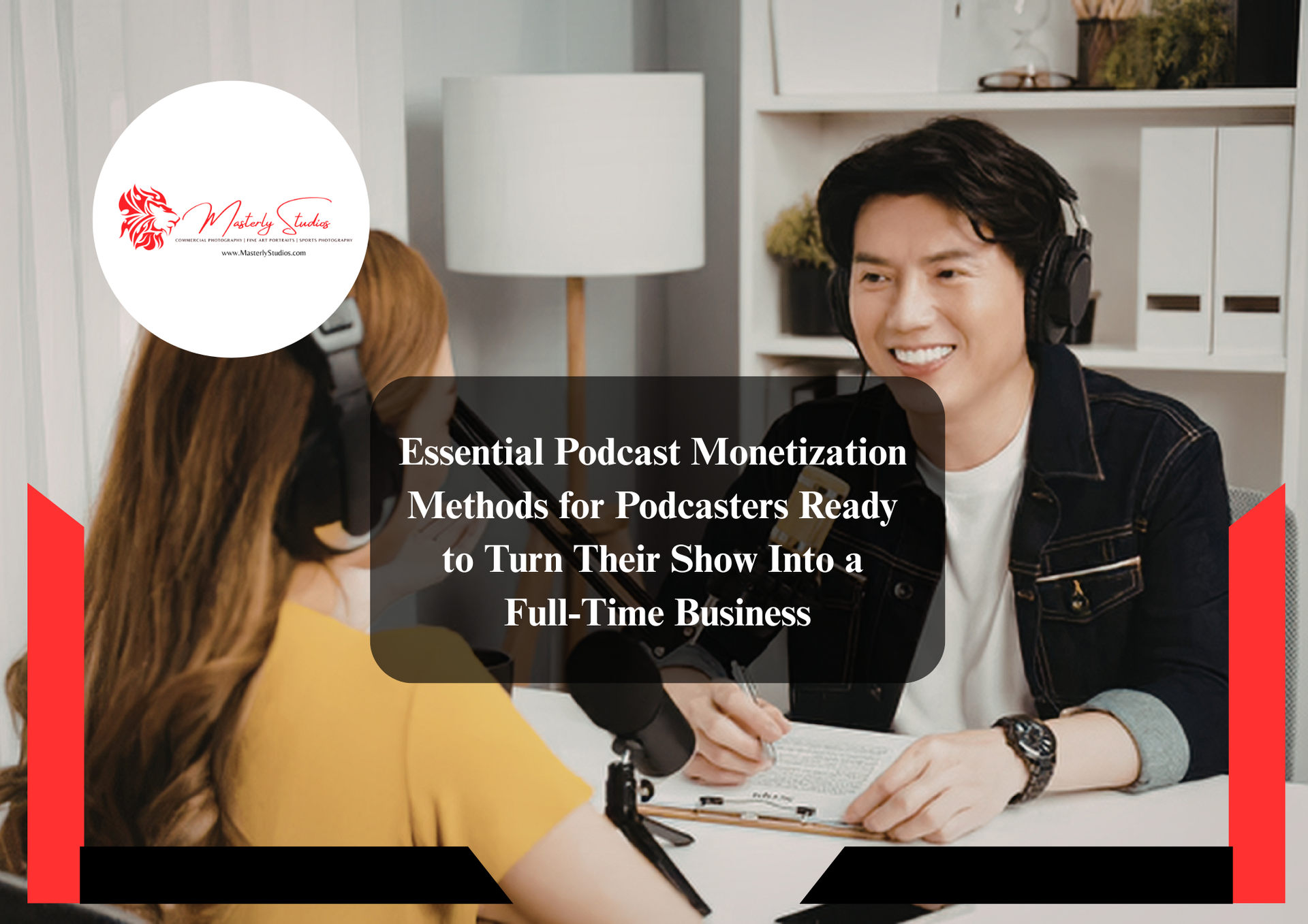 A person wearing headphones speaks into a microphone during a podcast recording. The text reads, 