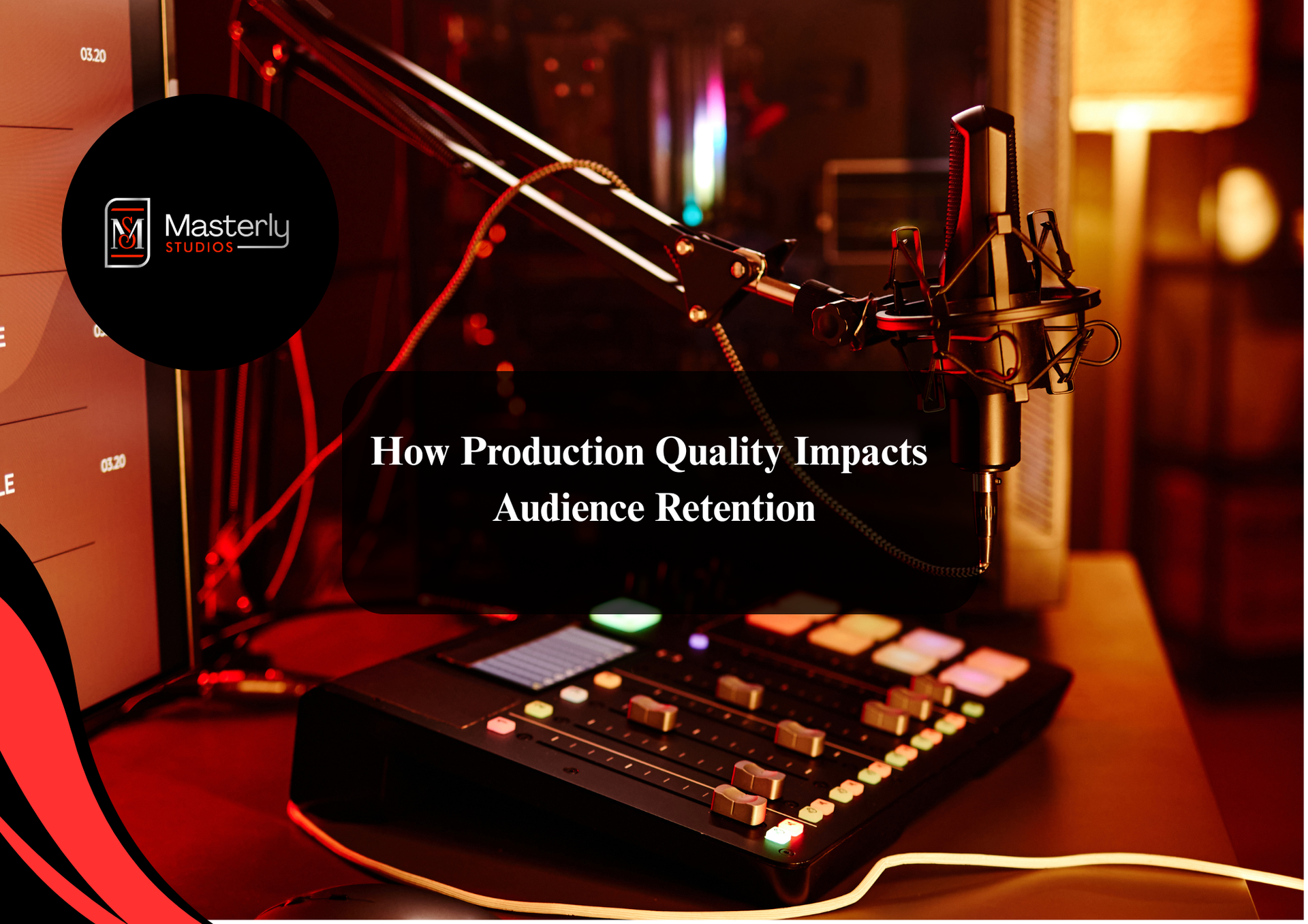 Professional podcast studio with microphones, cameras, lighting, and recording equipment.