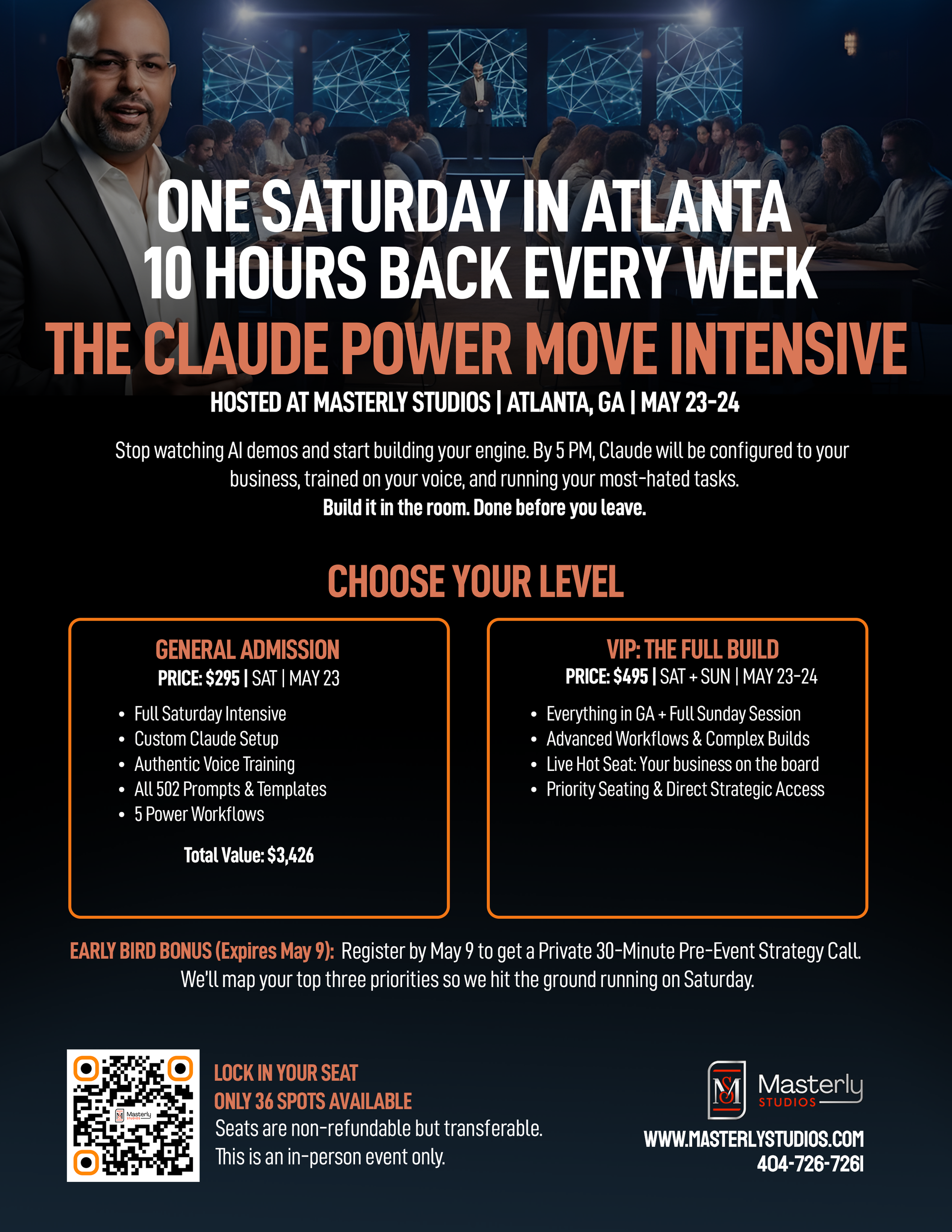 Event flyer for “Claude Power Move Intensive” in Atlanta, with speaker photo, schedule details, and QR code on black background