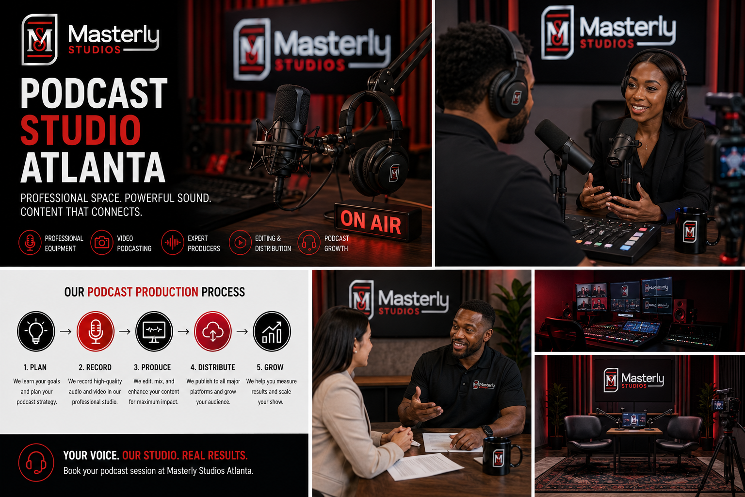 Professional podcast studio in Atlanta with video recording setup.