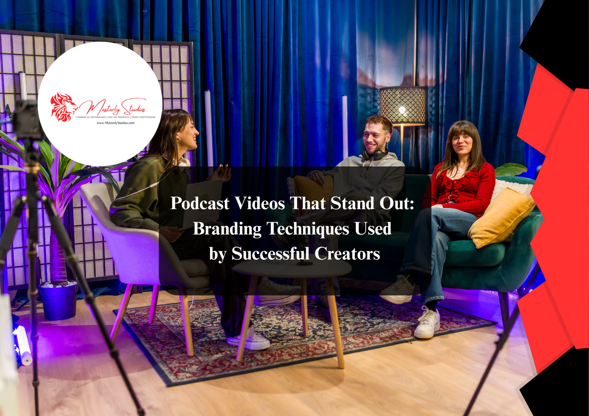 Three people sit in a studio for a podcast interview. Text overlay reads: 