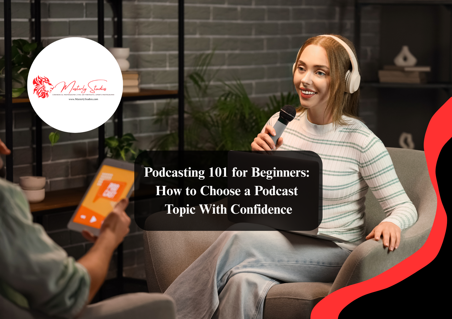 A person speaking into a microphone while another person holds a tablet in a modern studio setting with text overlay.