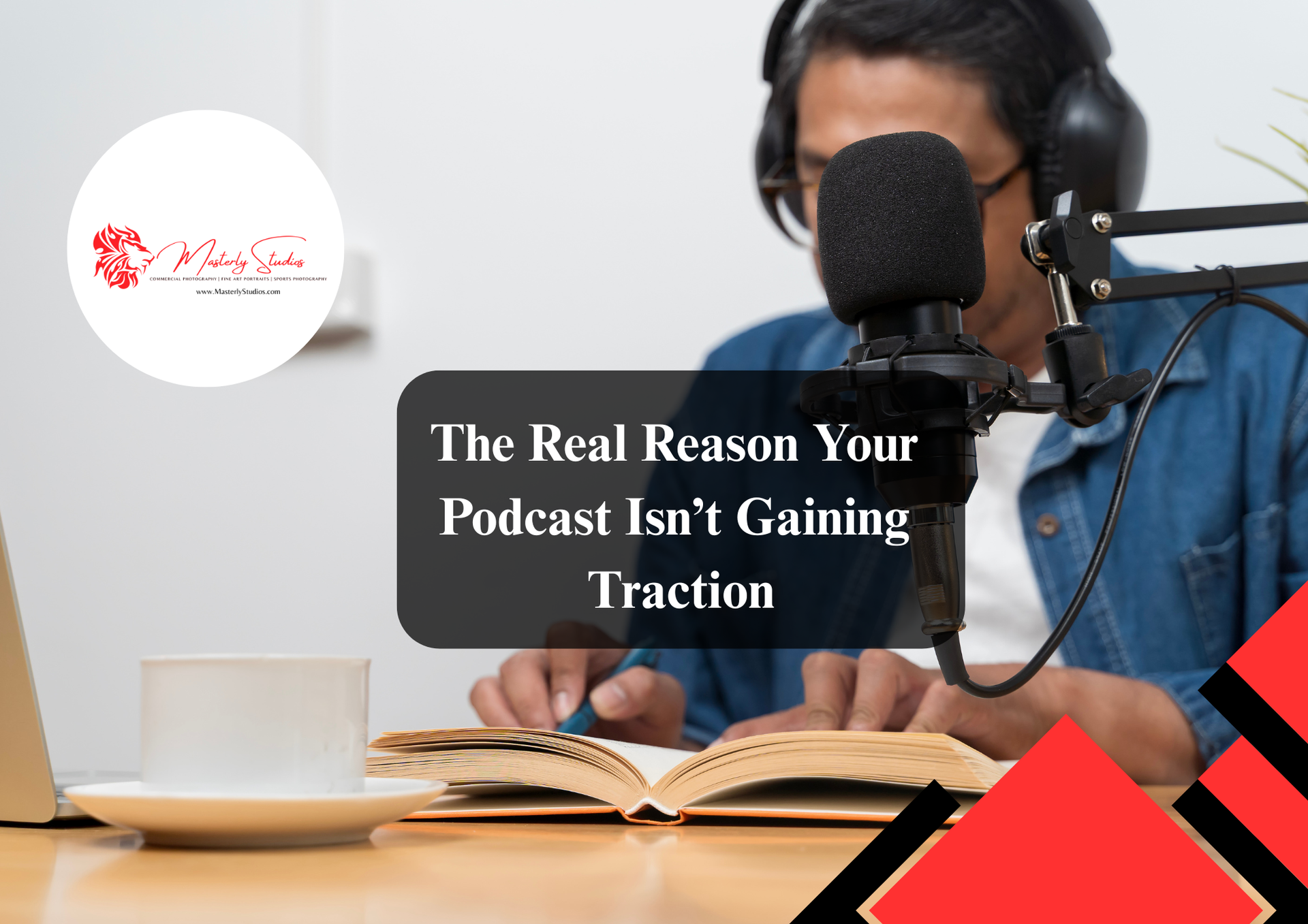 A person with headphones sits at a desk reading a book in front of a microphone, overlaid with the text, 