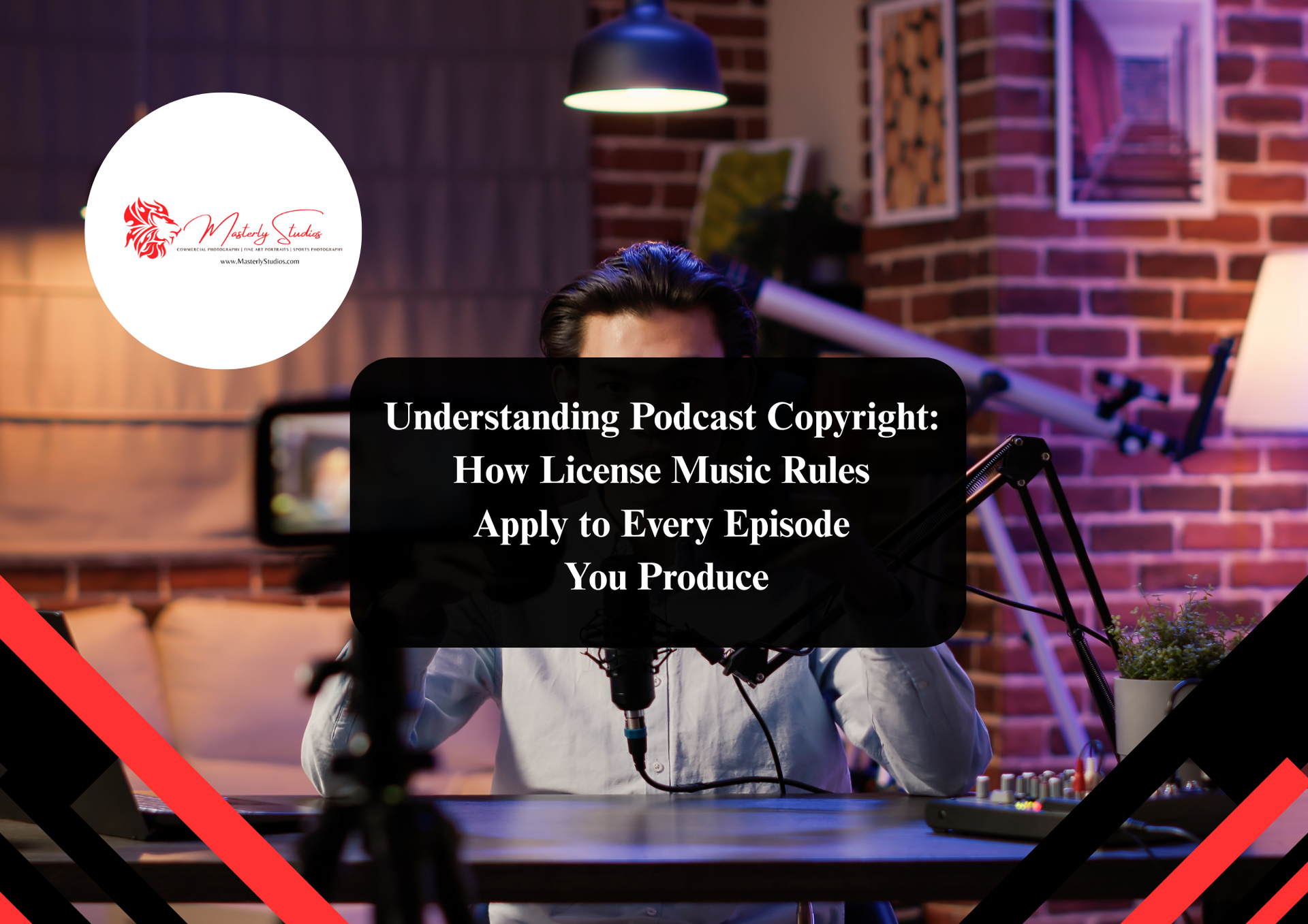 A podcast host sitting at a microphone in a studio with the text 