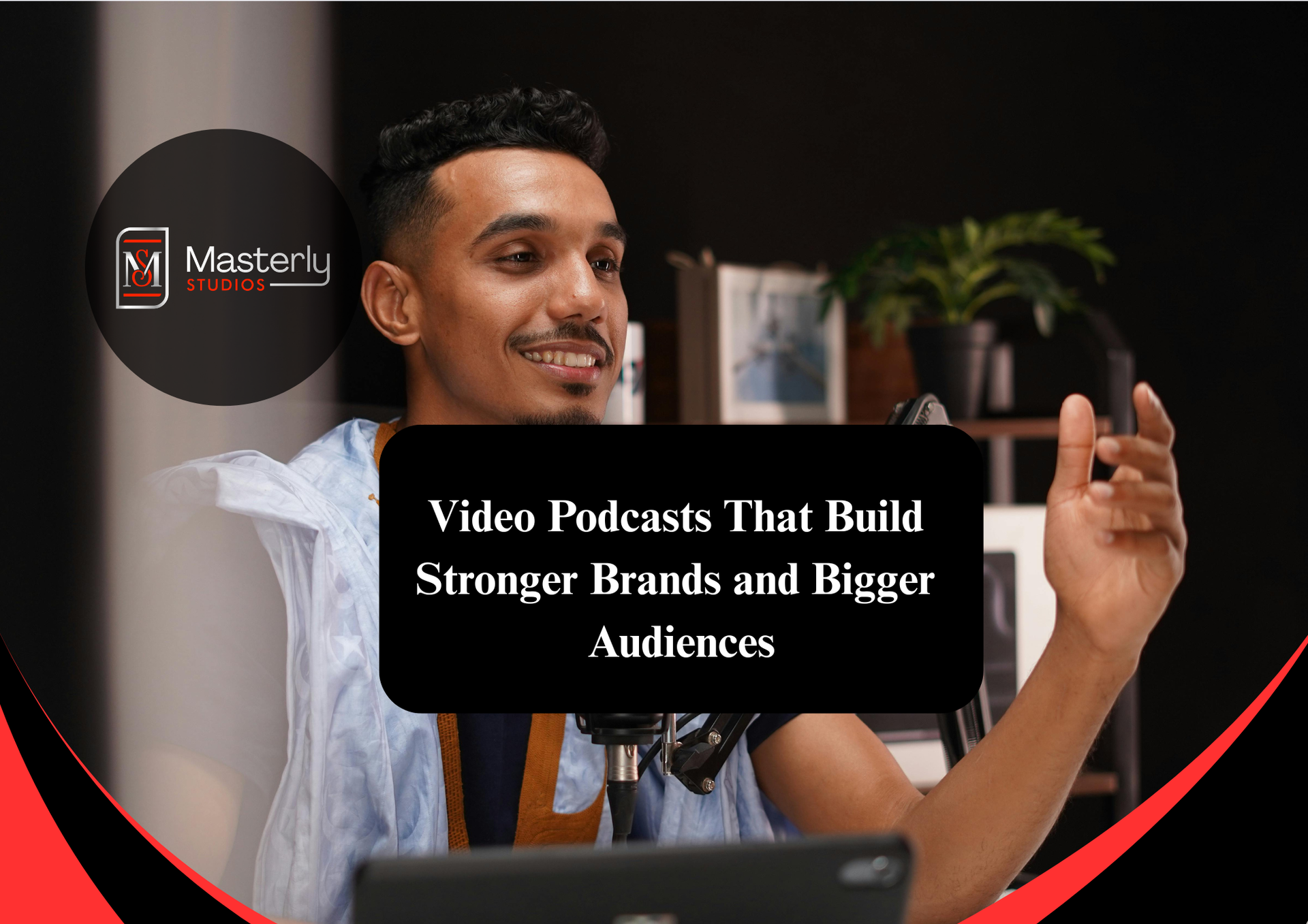 Professional video podcast recording with hosts in a studio.