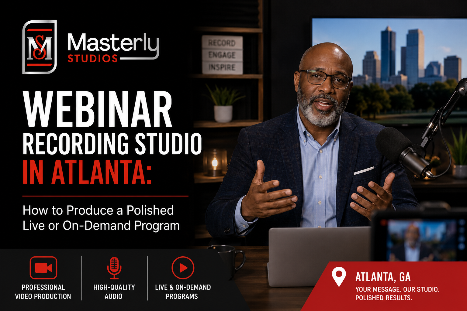 Webinar recording studio Atlanta with professional cameras, presentation screens, and live productio