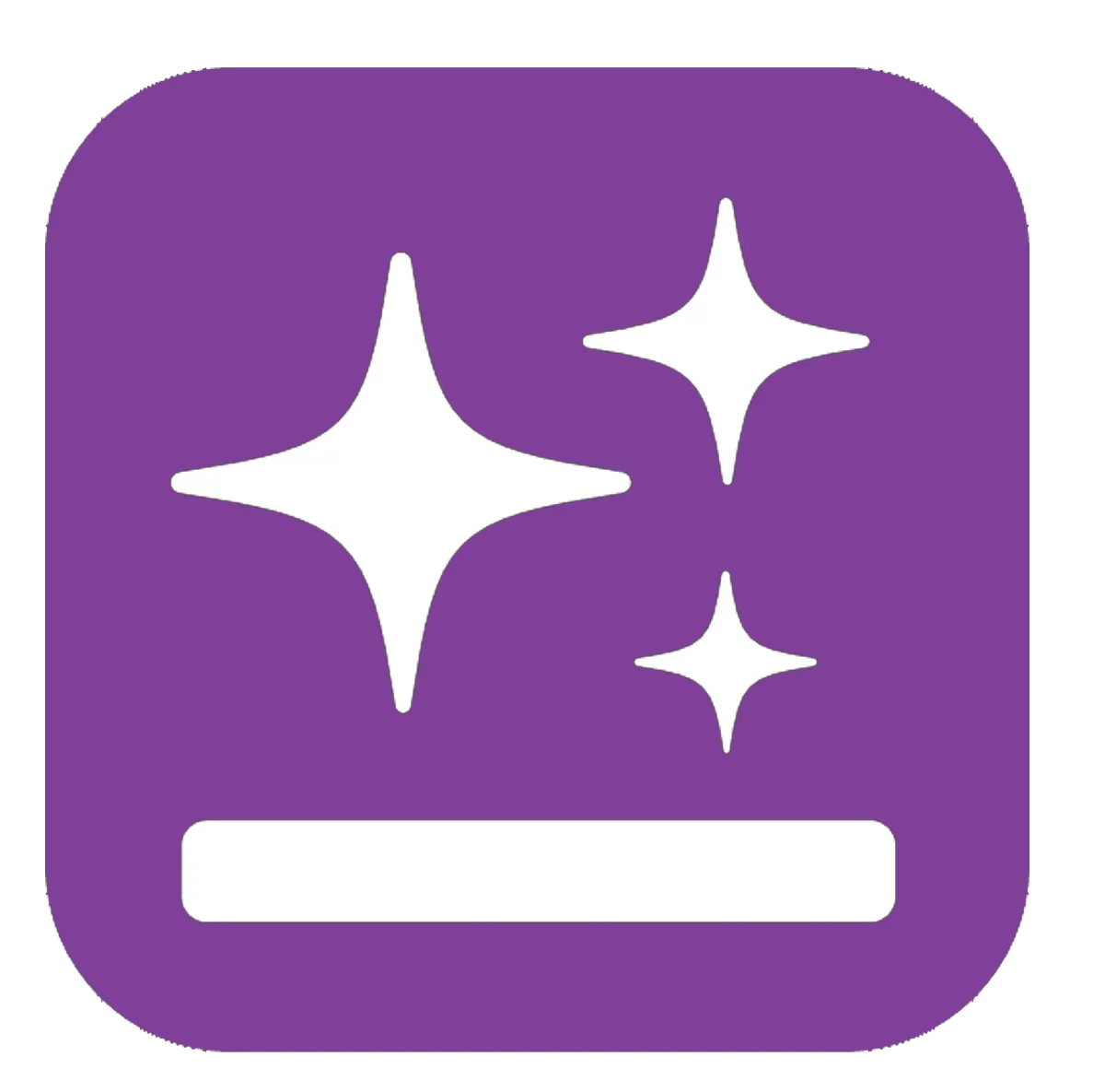 Purple rounded-square icon with white sparkles above a white horizontal bar