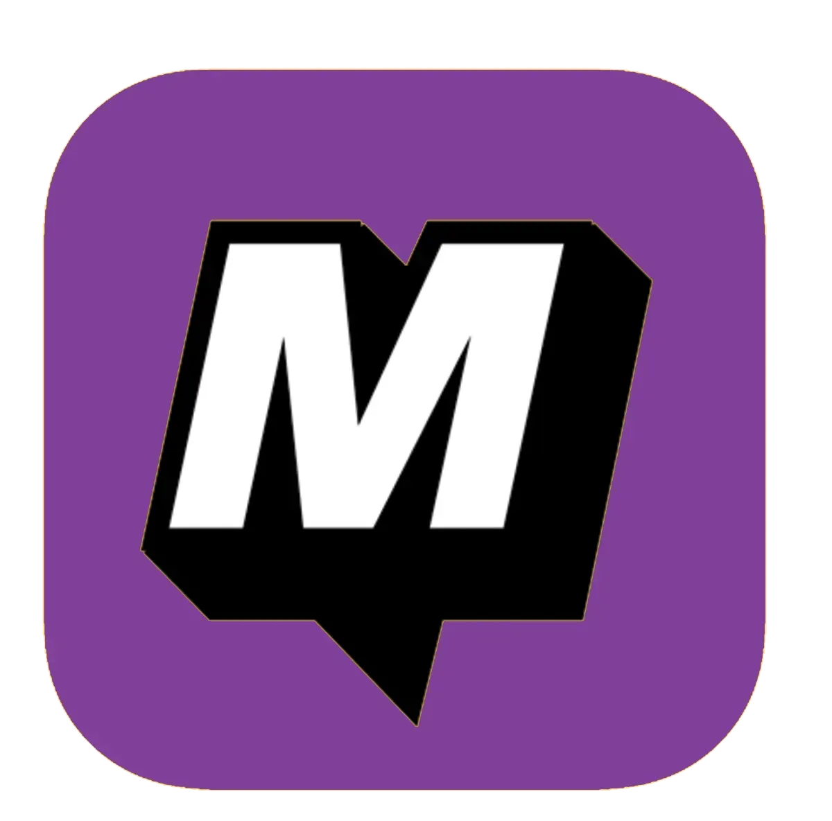 Purple app icon with a black speech bubble and bold white “M” letter