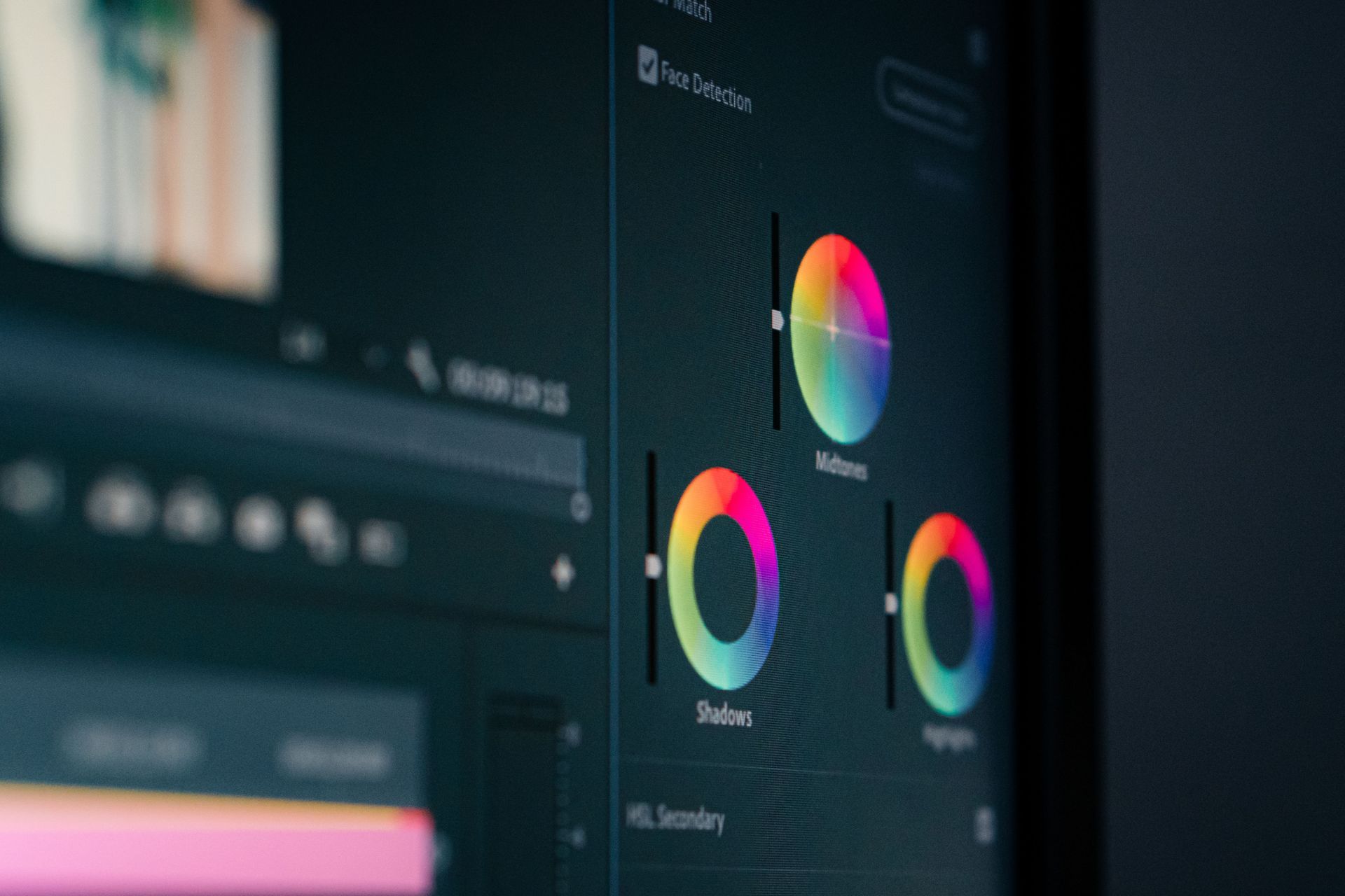 Dark software interface with colorful circular color wheels on a monitor