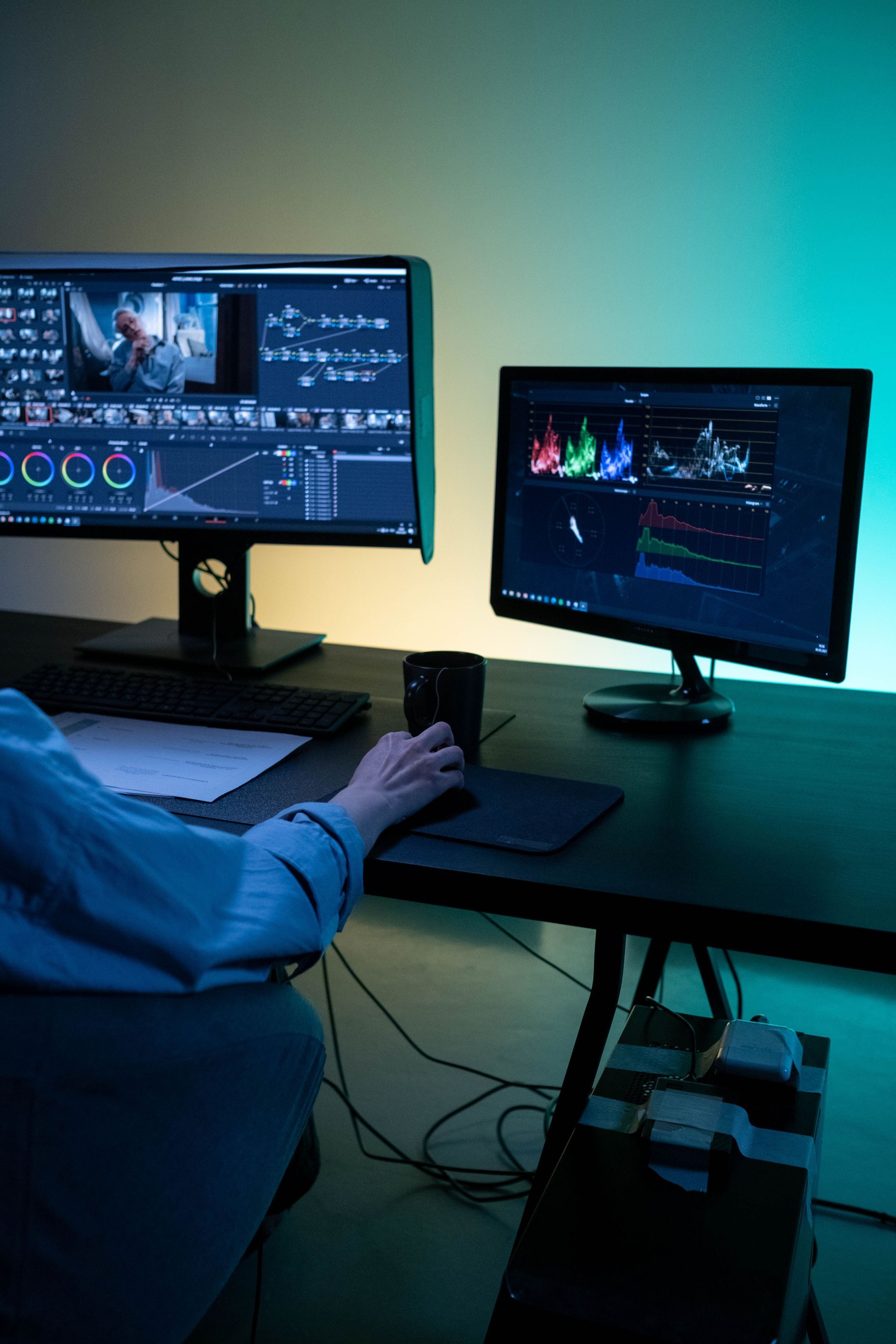 Person at a desk using dual monitors in a dimly lit editing workstation with blue lighting