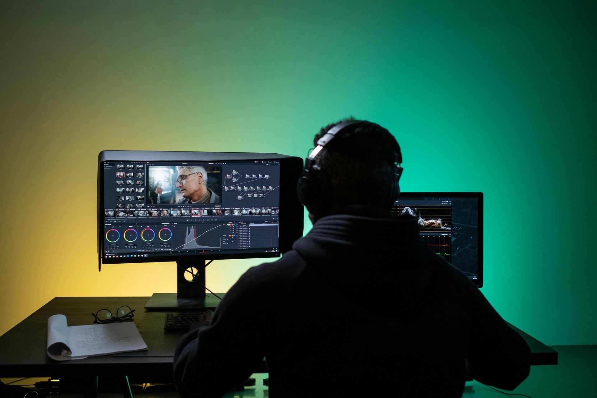 Person wearing headphones editing video on dual computer monitors. Desk with notes, gradient background.