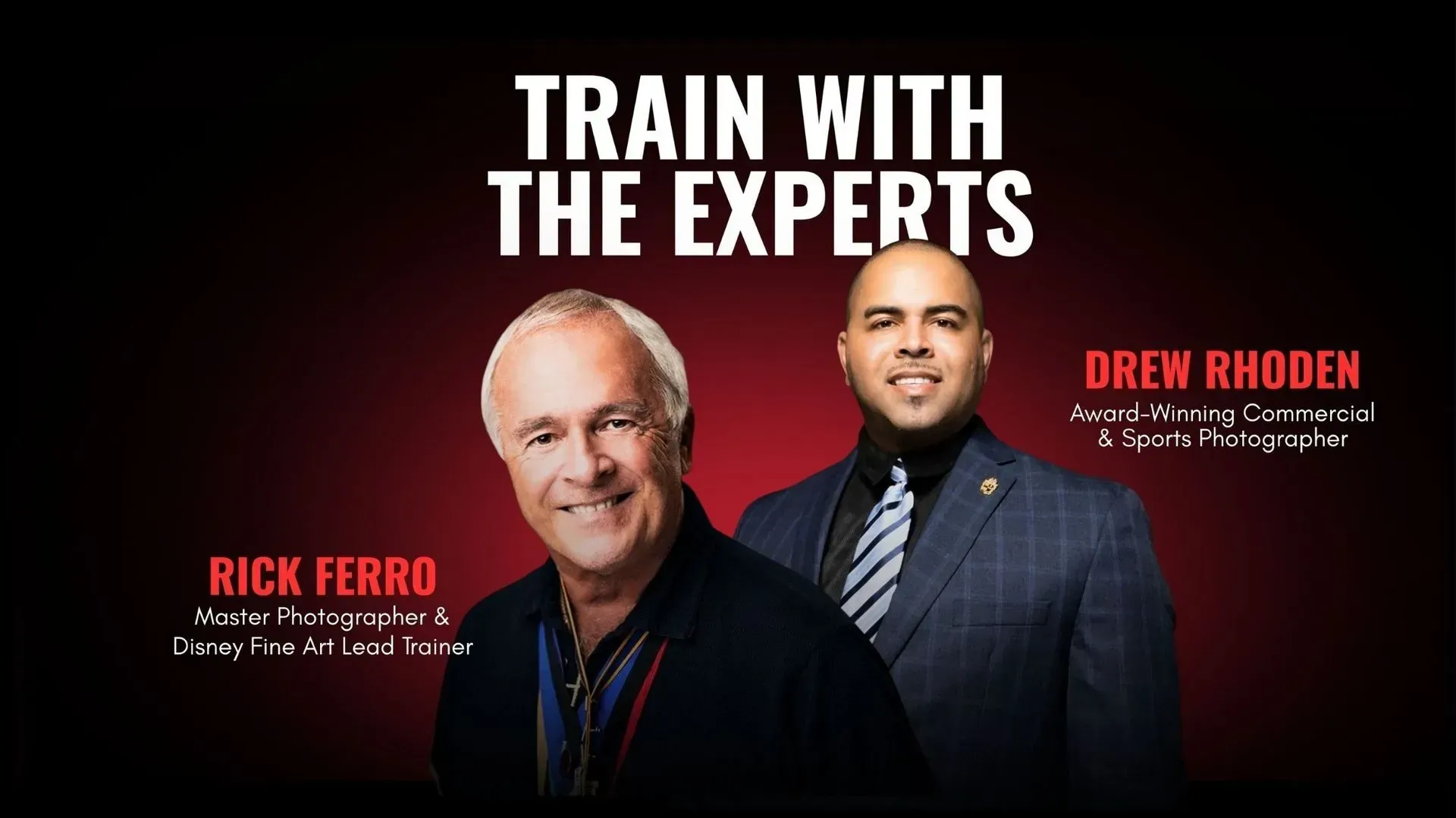 Train with the Experts promo featuring Rick Ferro and Drew Rhoden on a red-black background.